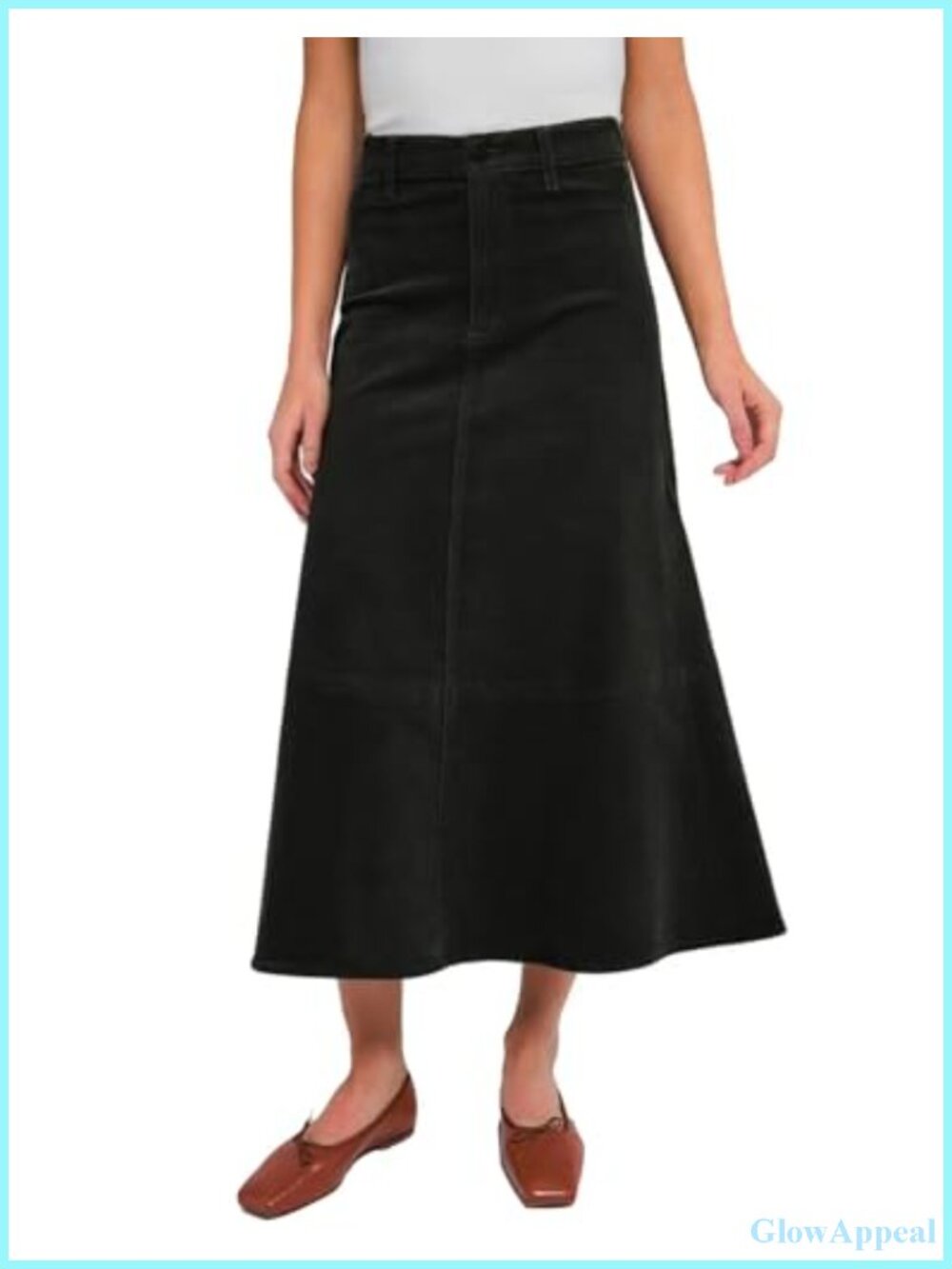 High Waist A-Line Corduroy Midi Skirt Zip Fly Belt Loops Fall Winter